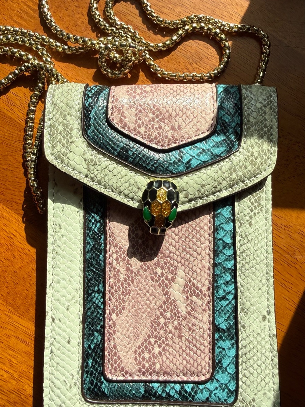 Snake-Embossed Crossbody Bag in Green, Pink and Cream with Serpent Clasp